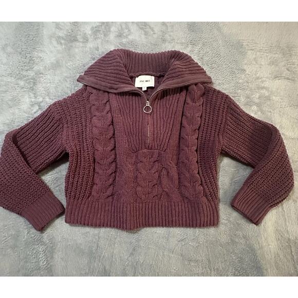 Pink Rose Purple Cable Knit Half Zip Sweater Medium Cropped Pullover Ring Zip - Picture 1 of 8